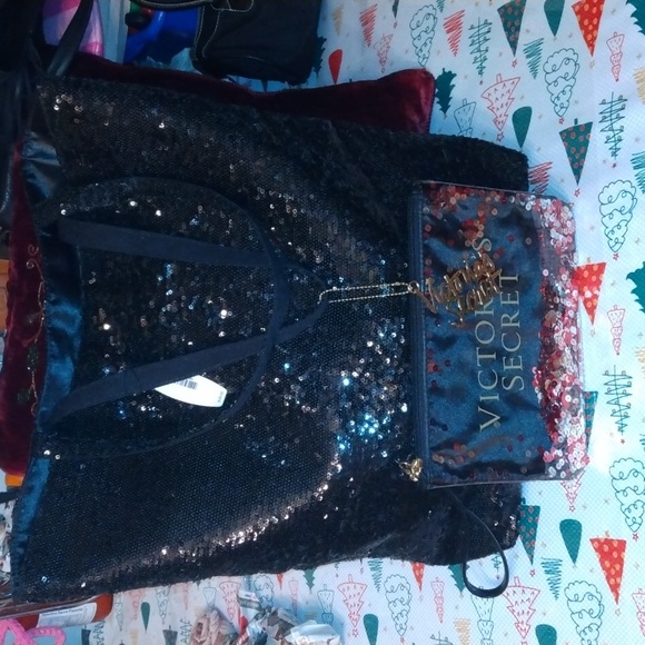 Victoria Secret black sequin tote bag+ Victoria Secret black sequin wristlet bag - Picture 1 of 17